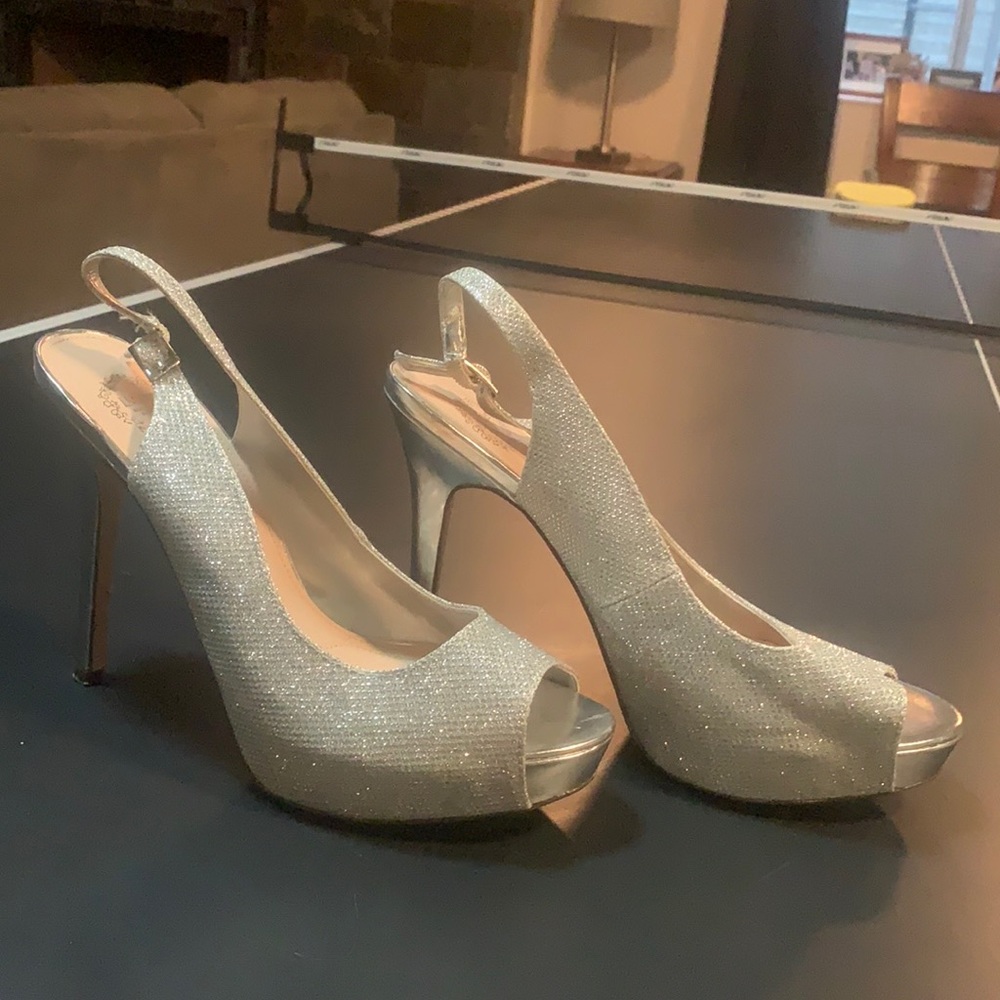 Sparkly Silver Open Toe Heels